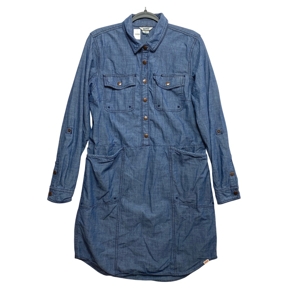Duluth Dress Womens M Blue Roll-Tab Sleeve Organic Cotton Chambray Button-Down